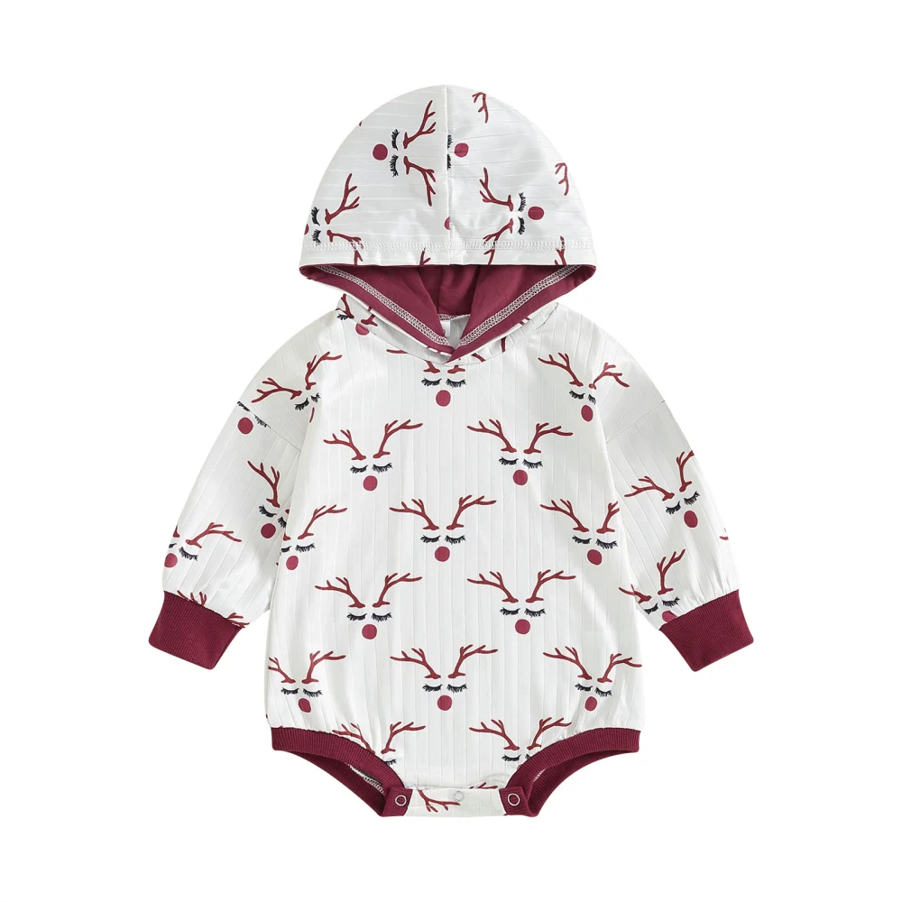 Baby Girls Sweatshirt Romper Christmas Elk Print Hoodie Jumpsuits