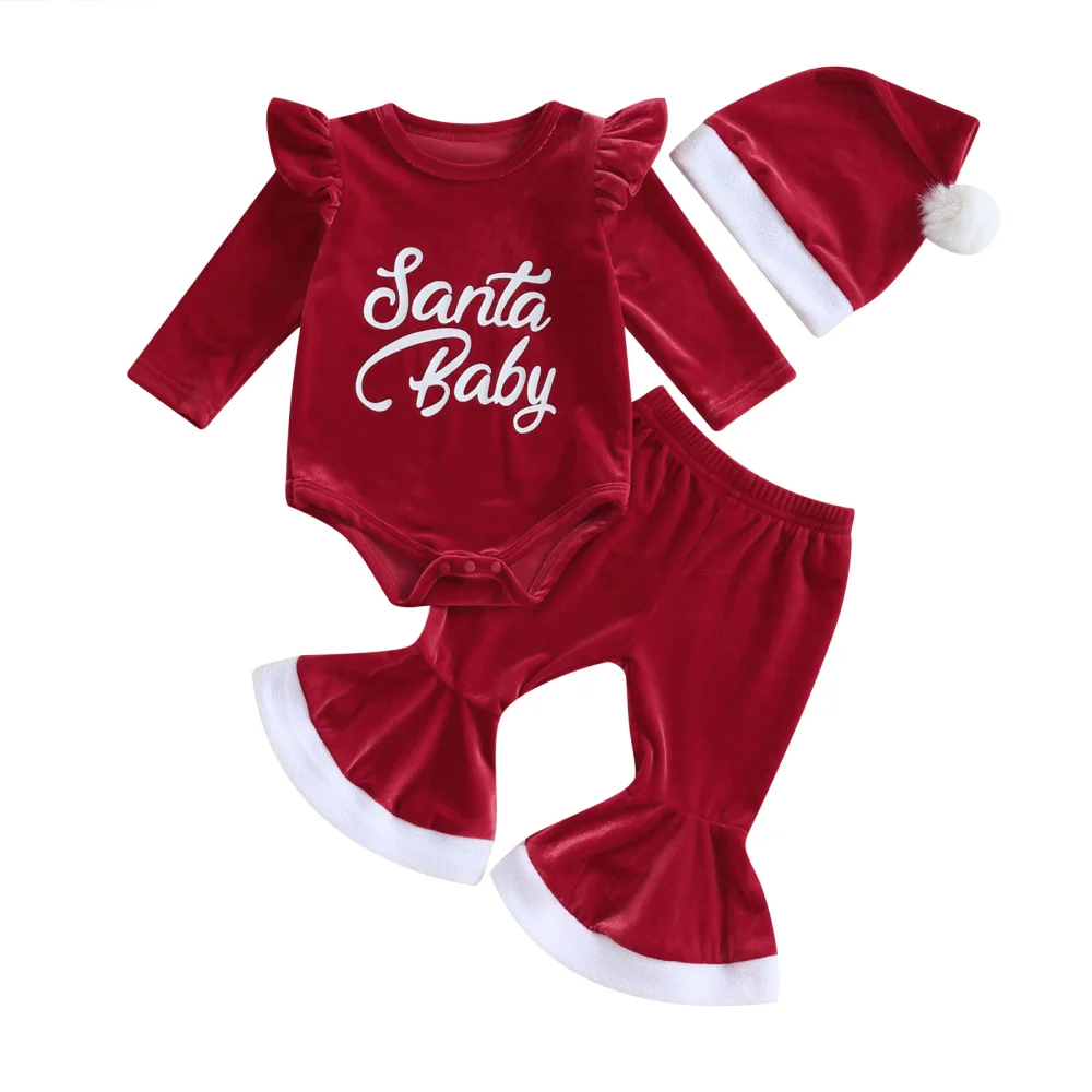 Girl Christmas Long Sleeve Letter Romper + Pants + Hat Santa Costume 