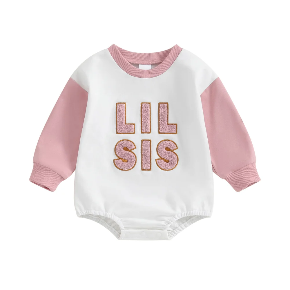 Girls Long Sleeve Letter Embroidery Contrast Color Sweatshirt Romper