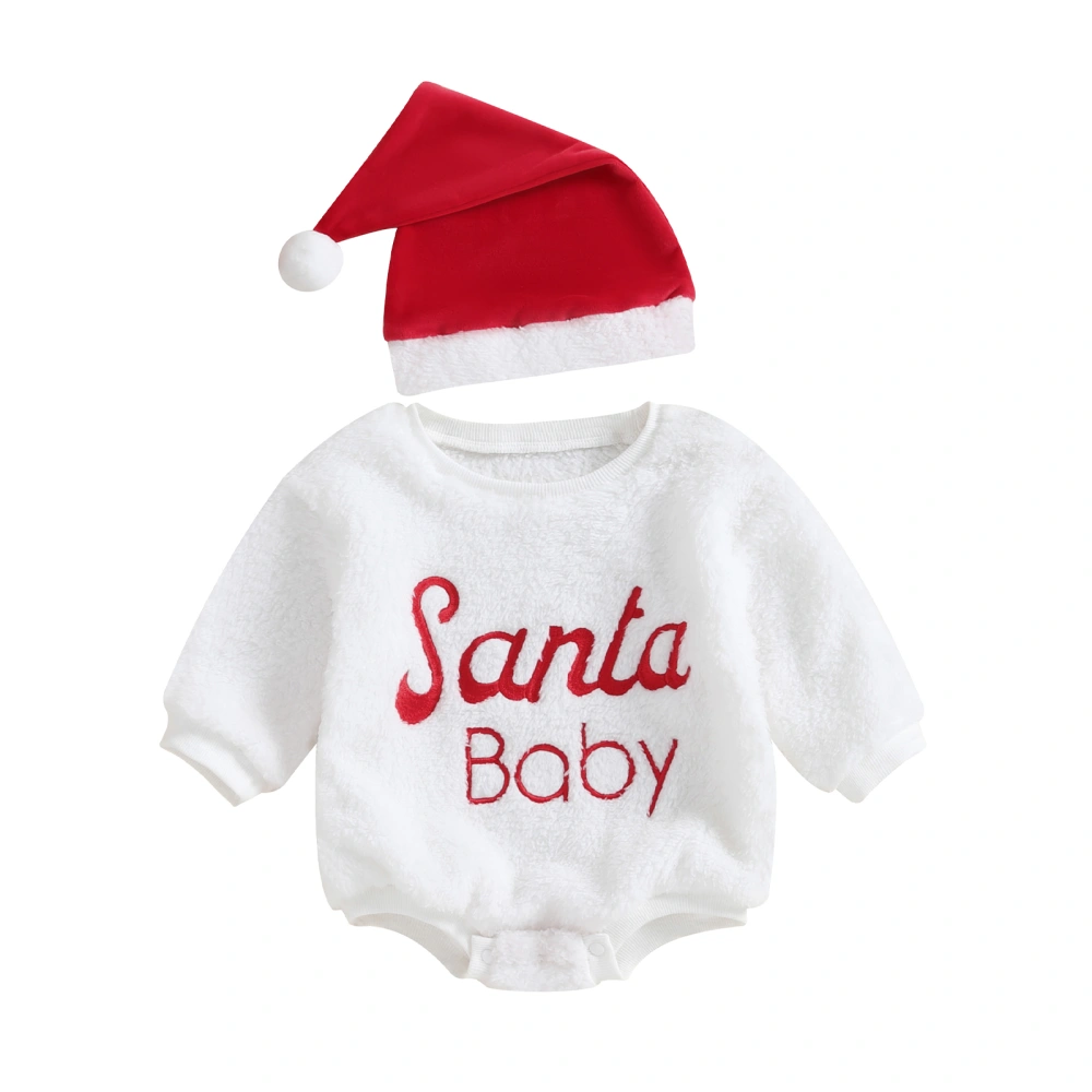 Baby 2Pcs Christmas Outfits Plush Long Sleeve Letter Romper + Hat