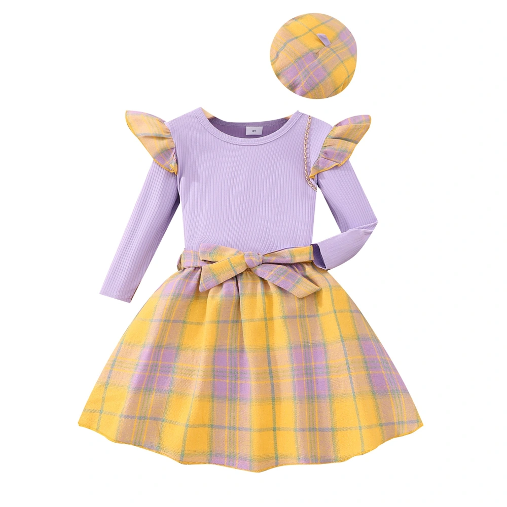 Girls Fall Outfit, Patchwork T-shirt with Belted Plaid Skirt and Hat