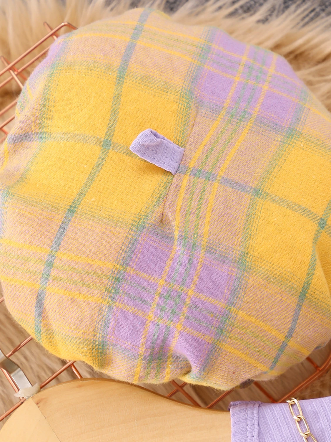 Girls Fall Outfit, Patchwork T-shirt with Belted Plaid Skirt and Hat