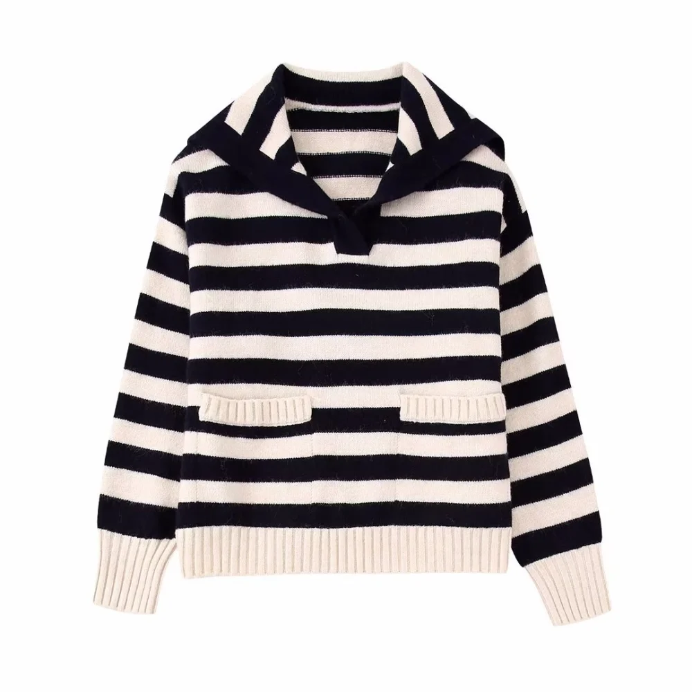 Long Sleeve Polo Collar Stripes Sweater