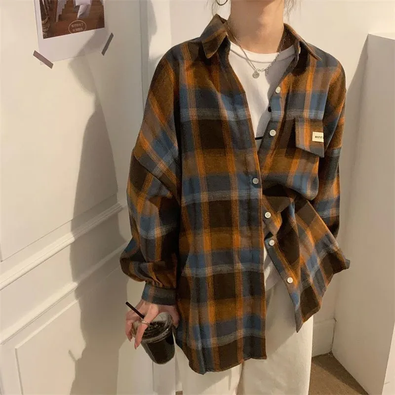 Retro Hong Kong Style Unique Chic Blouse Plaid Coat Shirt Women