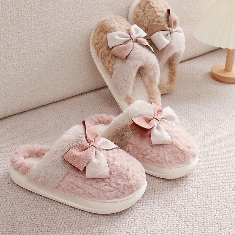 Cute Home Indoor Floor Plush Bow Cotton Slippers Women