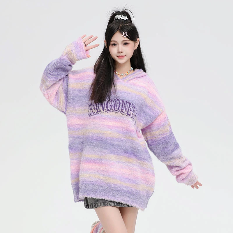Sweet Contrast Color Gradient Striped Couple Hooded Knitted Top Sweater