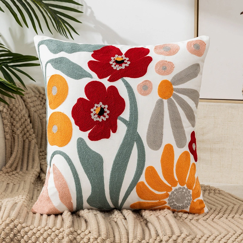 Flower Embroidery Pillow Cover Pastoral Style