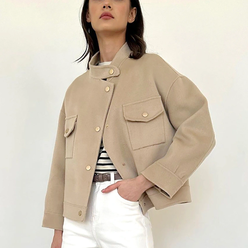 Stand Collar Design Women Loose Autumn And Winter Woolen Coat