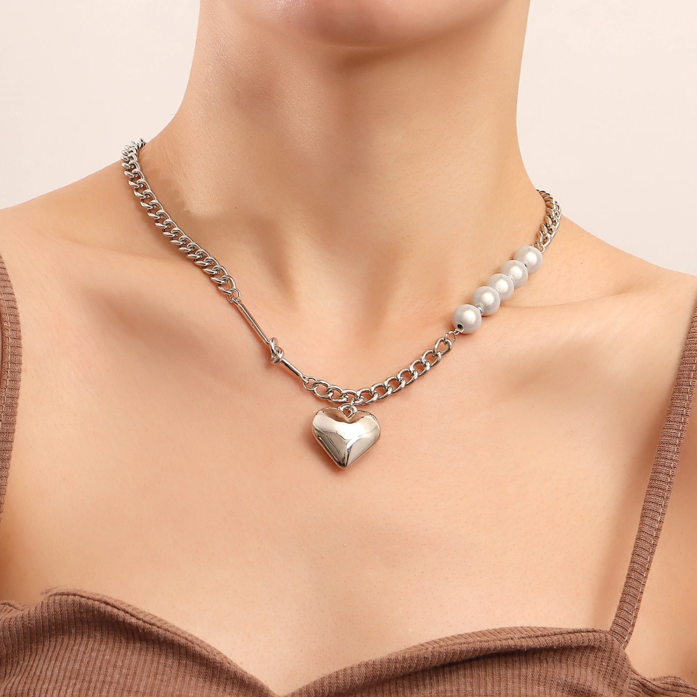 Reflective Pearl Heart Stitching Necklace For Women