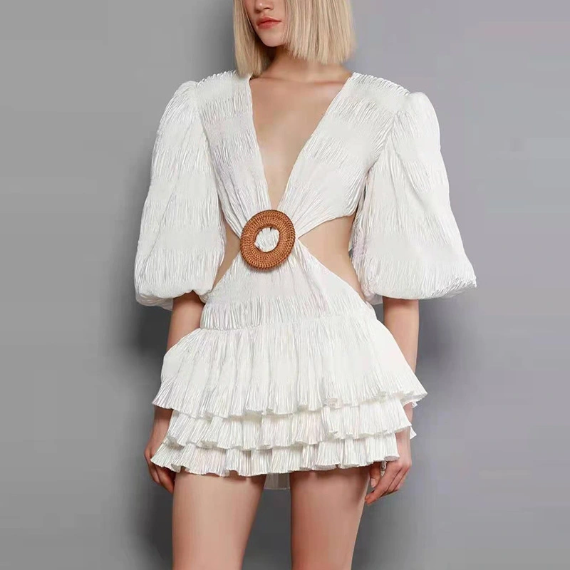 Women's Fashion Solid Color And V-neck Puff Sleeve Dress