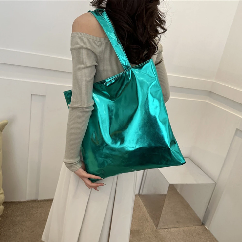 Simple Portable Large Capacity Texture Shiny Shoulder Bag Personality Soft Pu Paint Commuter Tote