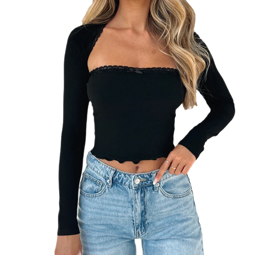 Women's Lace Trim Crop Tops Tube Tops + Long Sleeve Bolero Set