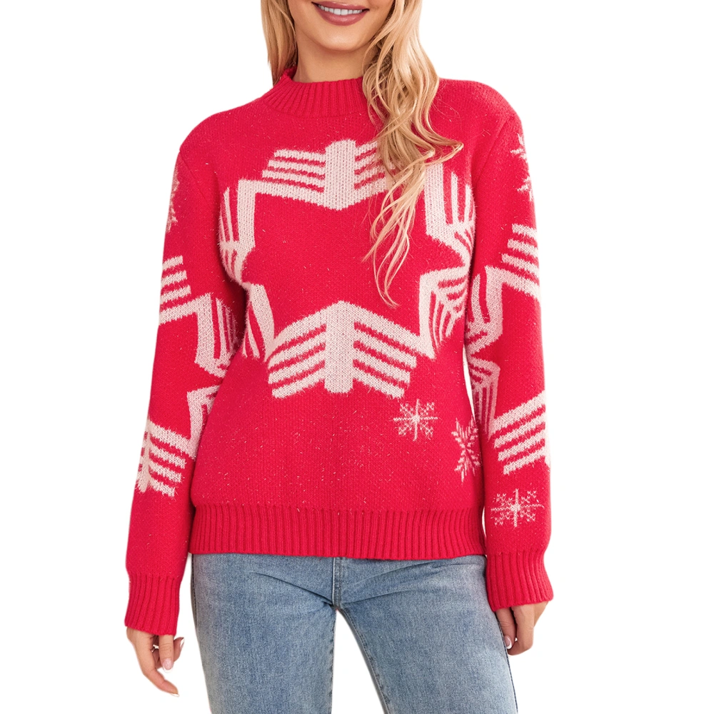 Women Cute Christmas Sweater Snowflake Print Long Sleeve Pullover Tops