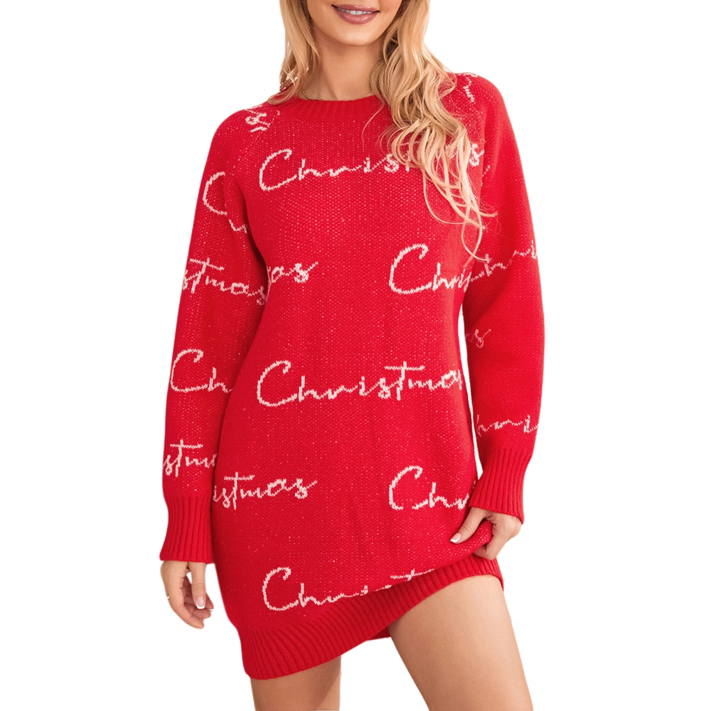 Women's Cute Christmas Sweater Dress Letter Print Long Sleeve Pullover