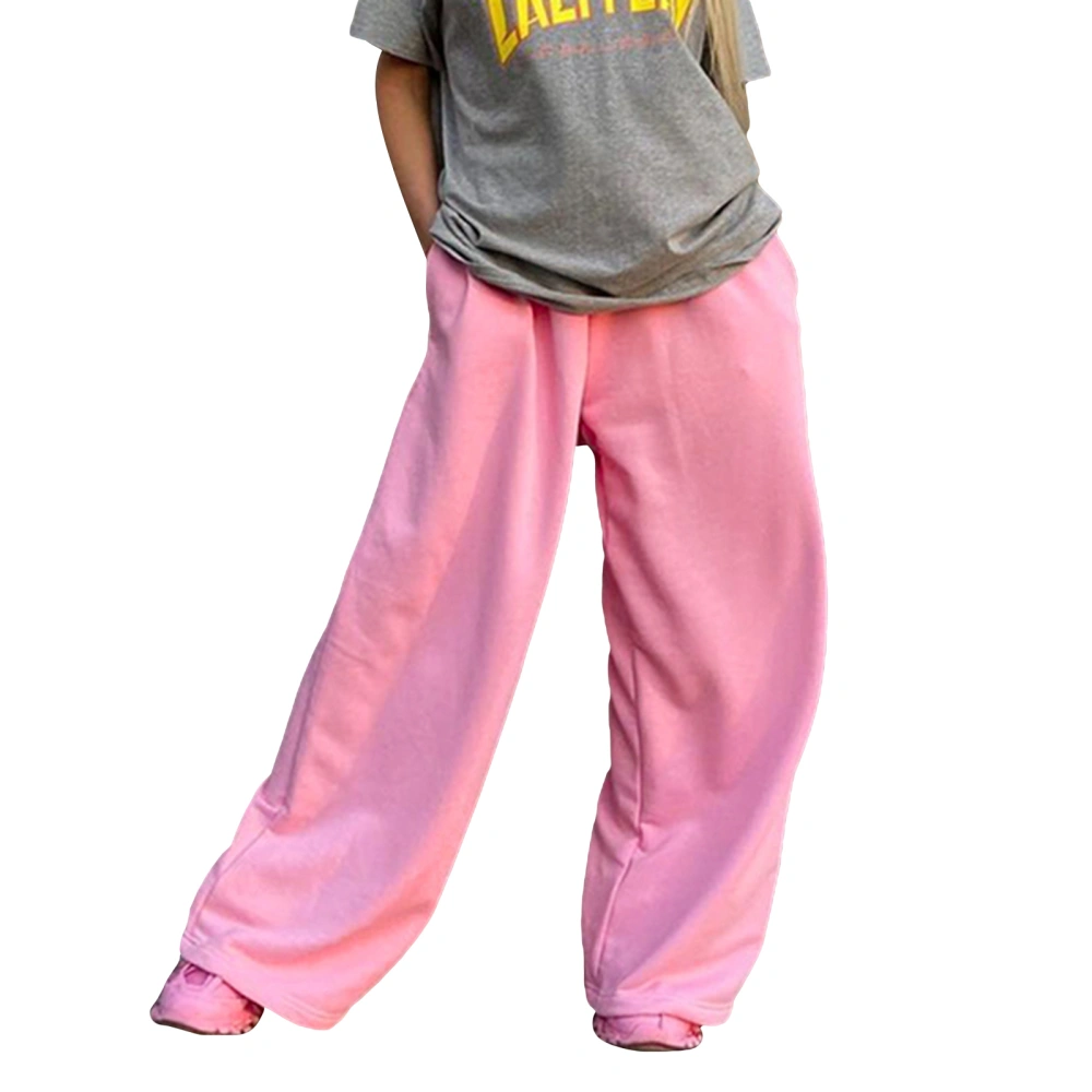 Women Pink Elastic Waistband Cargo Pants Jogger Pants with Pockets 