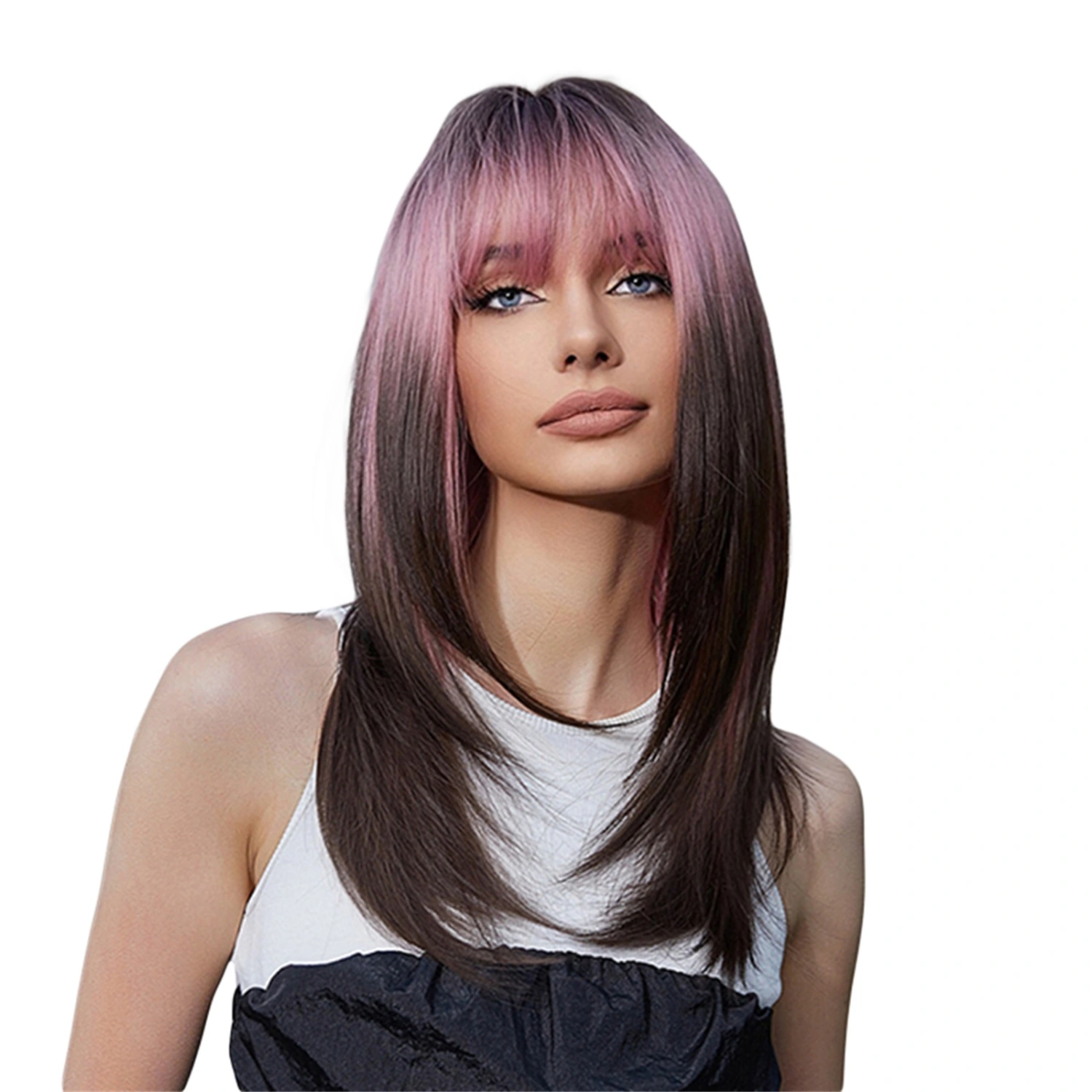 Women Girls Synthetic Fiber Wig Long Straight Gradient Wig with Bang