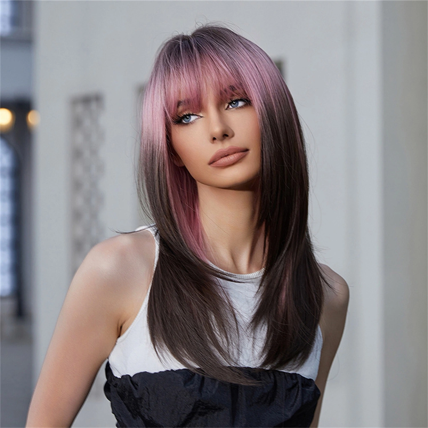 Women Girls Synthetic Fiber Wig Long Straight Gradient Wig with Bang