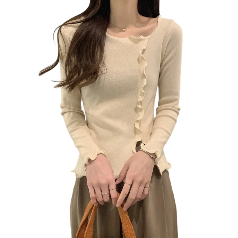 Women's Spring Solid Color Long Sleeve Irregular Ruffle Knitwear