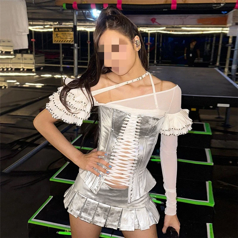 Summer Fashion Sweet Leather Reflective Chest Wrap Hip Skirt