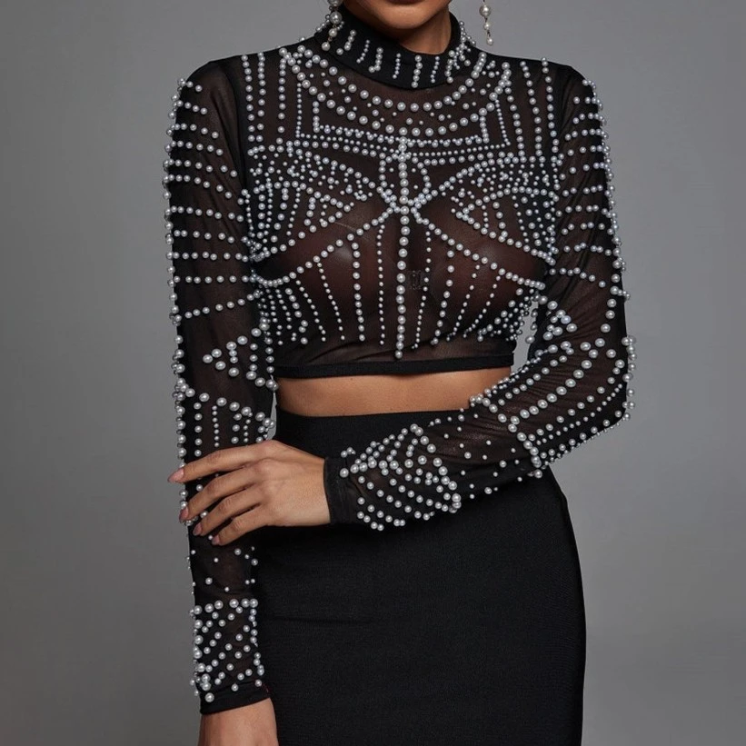 Long-sleeve Suit Bubble Pearl Top Black