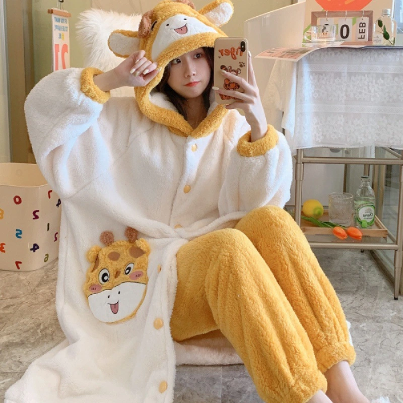 Plush Nightgown Set Flannel Cartoon Cute Hooded Homewear