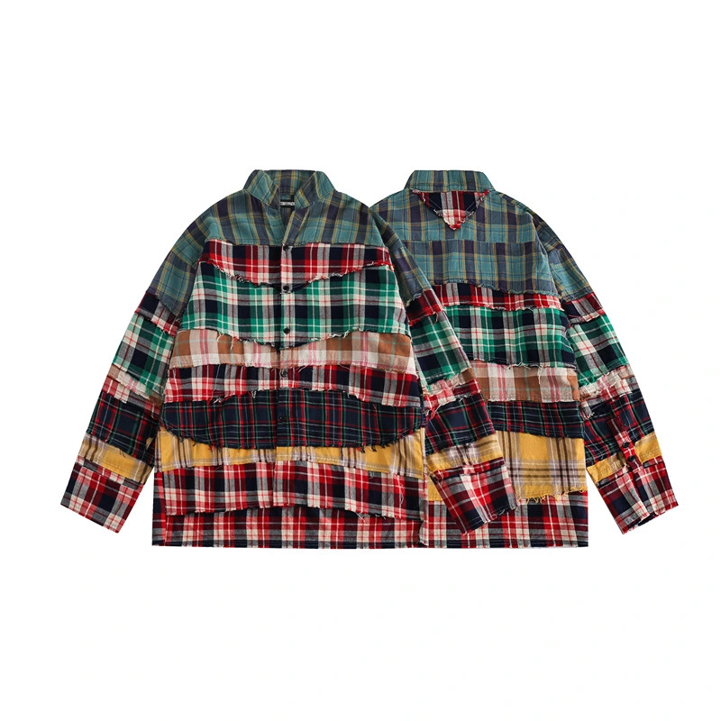 Loose Long Sleeve Shirt Men's Stitching Plaid