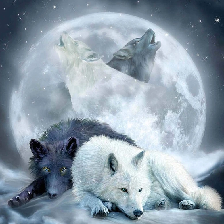 Full Diamond Moon Animal Black White Wolf Diamond Painting