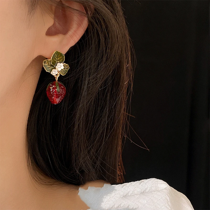 Silver Needle Red Strawberry Earrings Special-interest Design