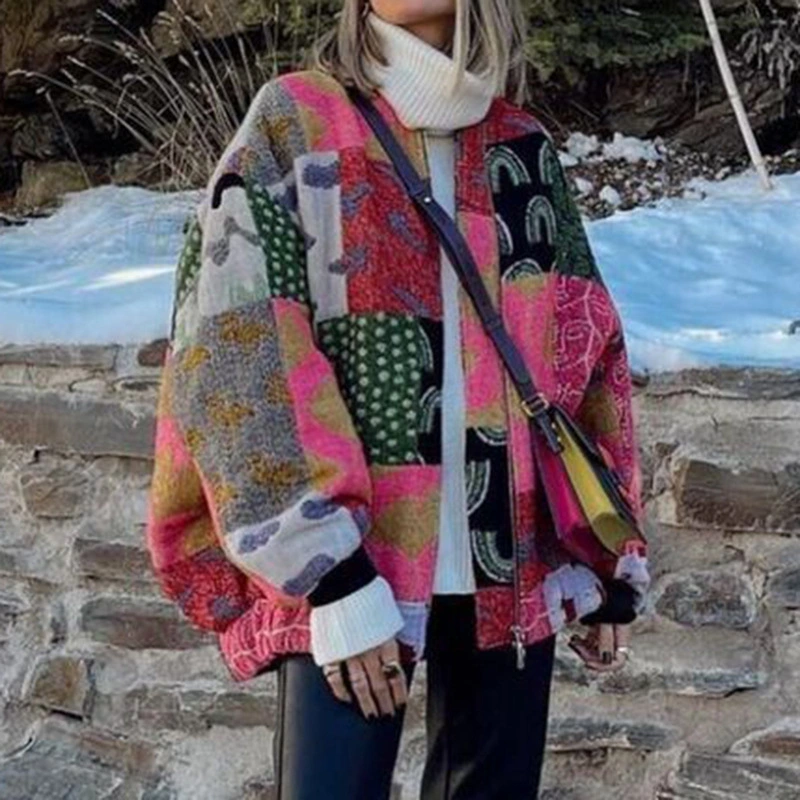Women's Comfort And Casual Loose And Warm Geometric Printed Sweater Coat