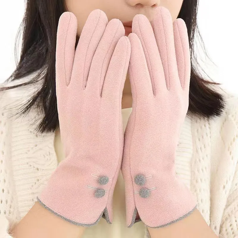 Outdoor Riding Button Touch Screen Fleece-lined Thermal Gloves For Women