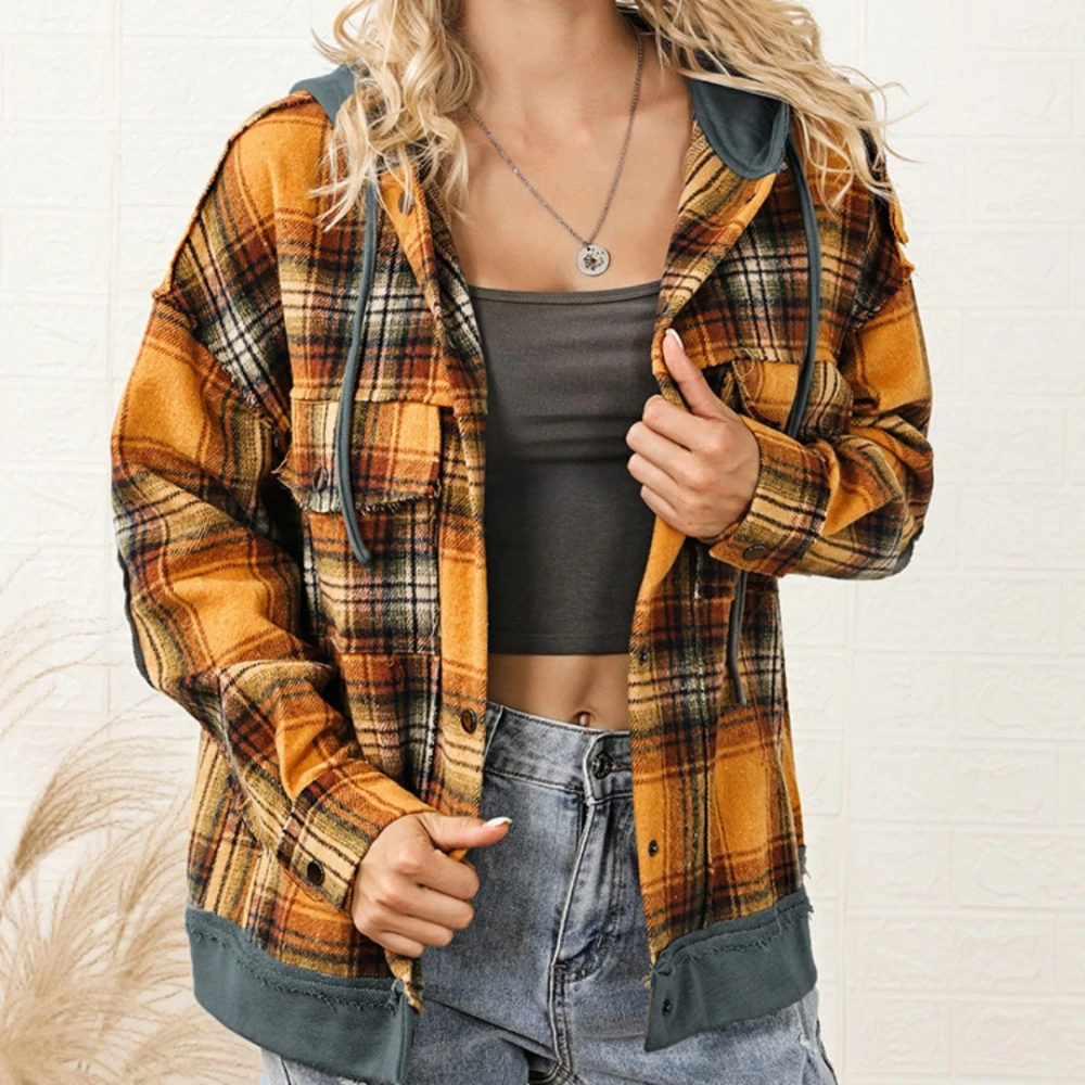 Plaid With Hat Clip Fashion Colorblock Edging Long Sleeve Coat For Women
