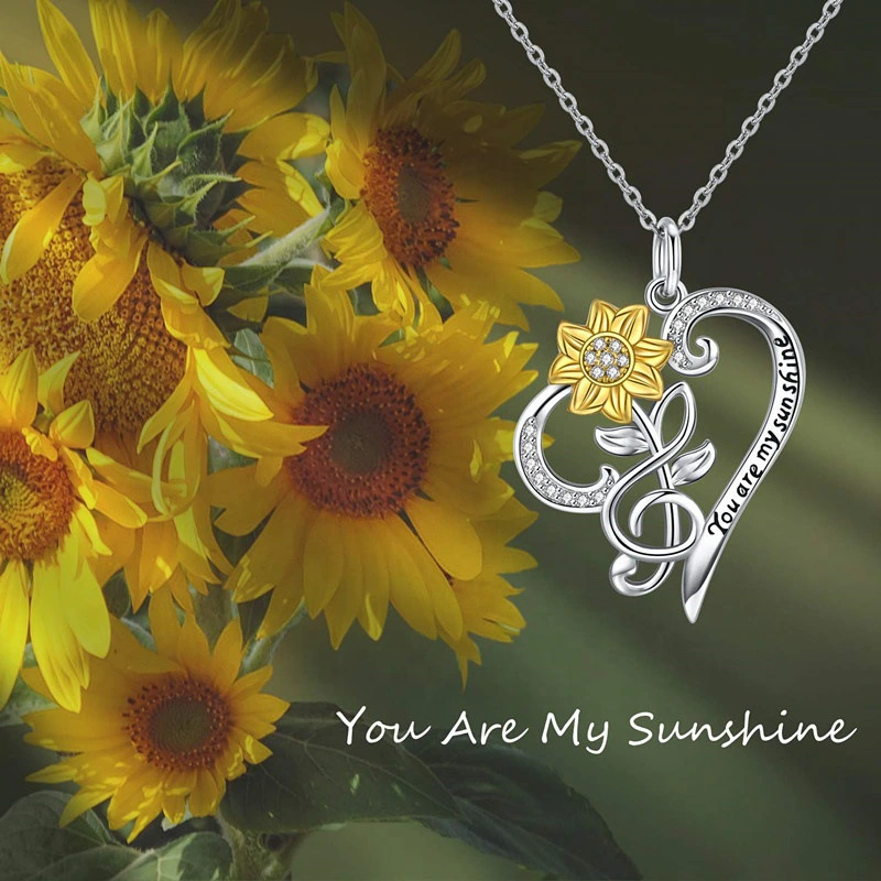 Gold Two-tone Sunflower Love Pendant Necklace