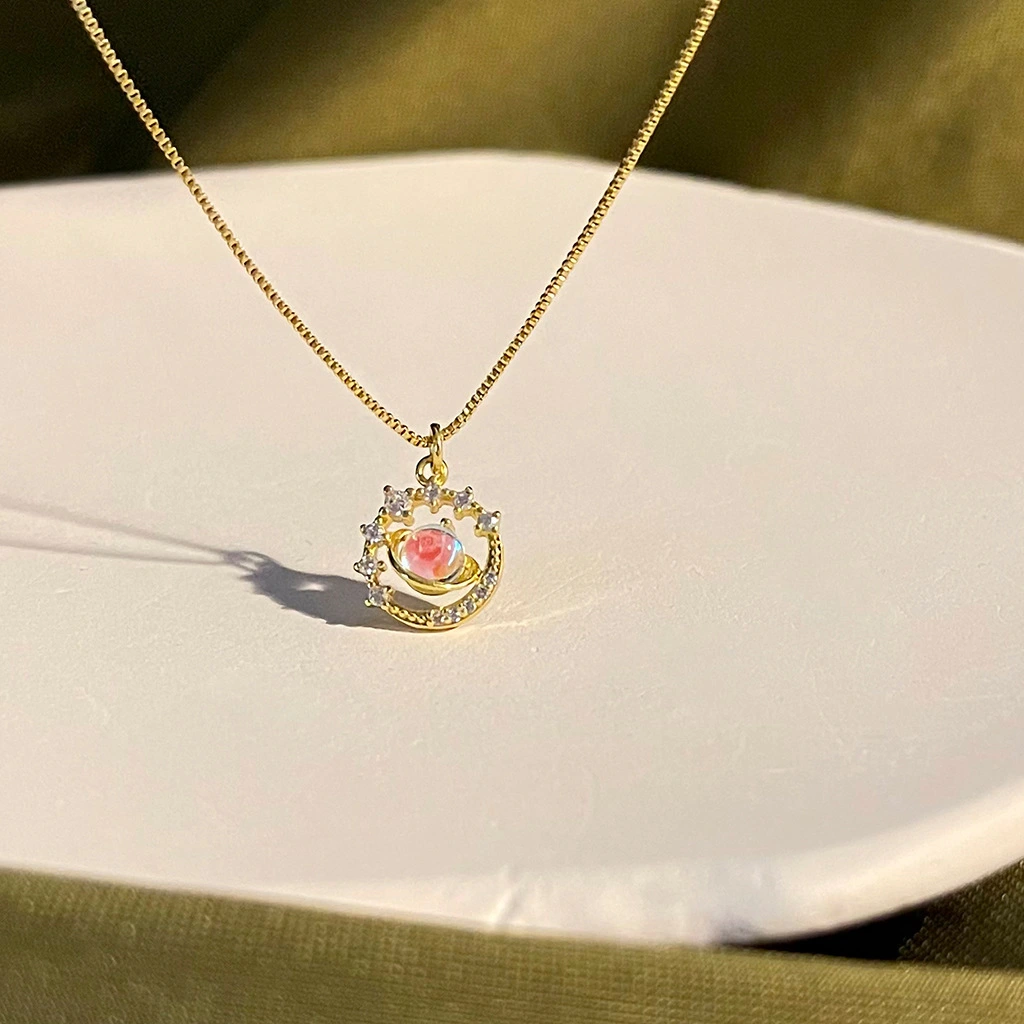 14k Plated Retro Mercury Elegant Zircon Fairy Necklace Planet Clavicle Chain