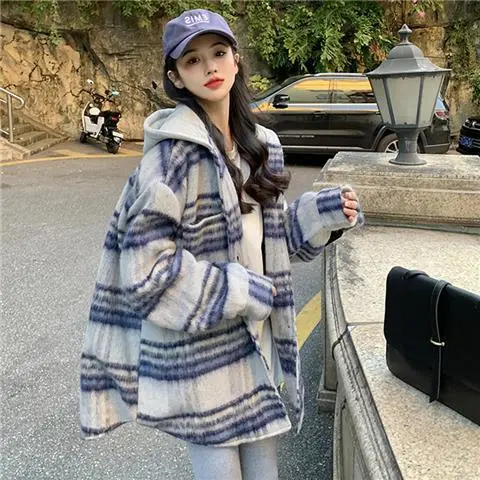 Plaid Hooded Woolen Coat Women