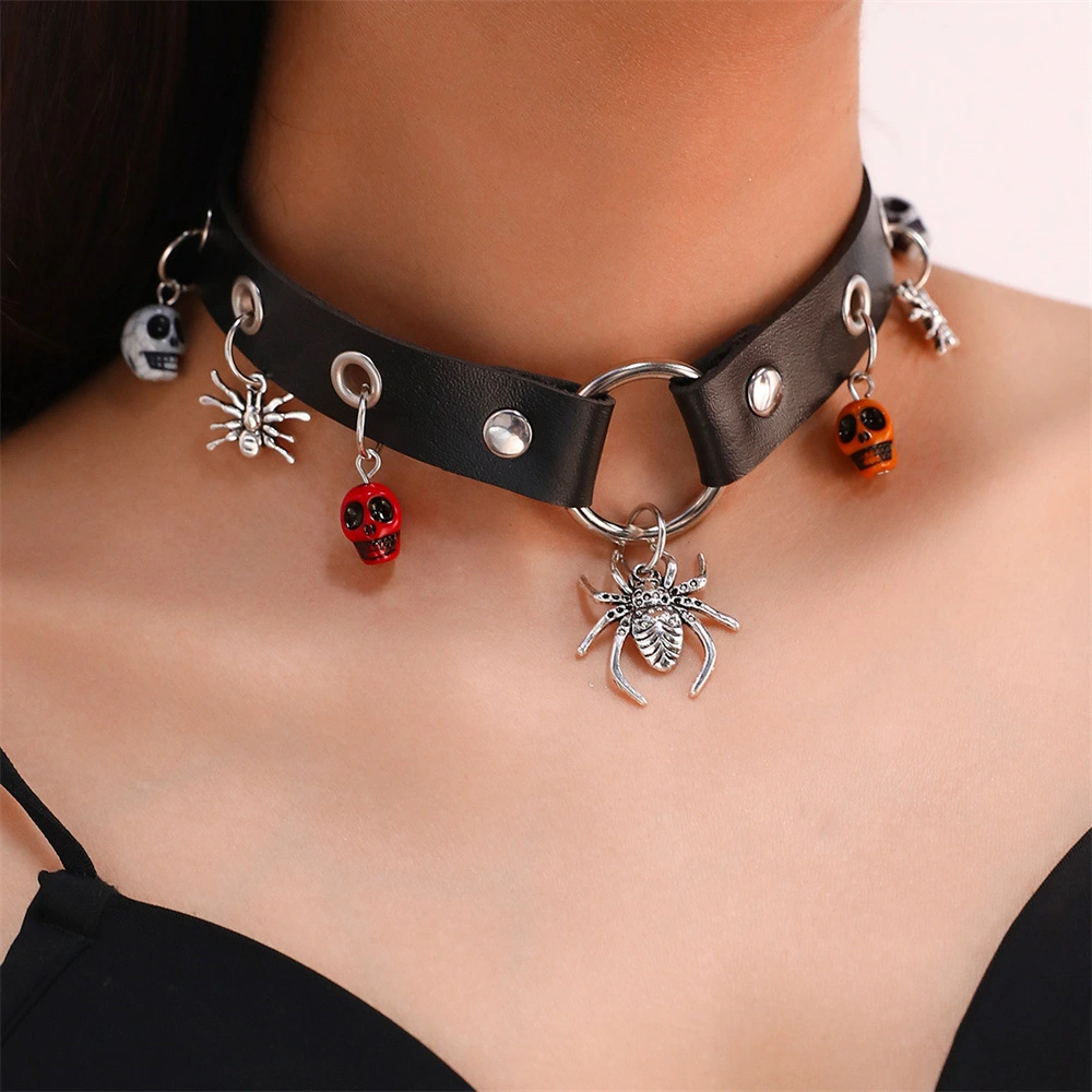 Europe and the United States fashion new leather necklace Halloween spider web ghost hand women's necklace