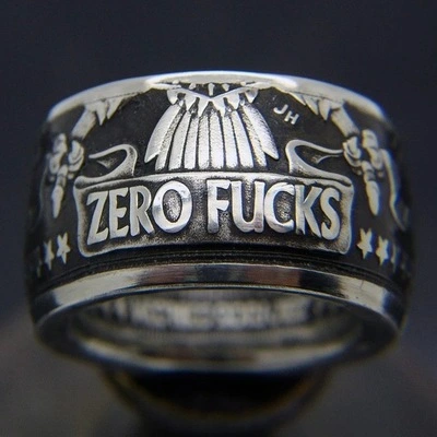 Vintage Thai silver ring engraved letters Zero Fxxks Europe and the United States punk style men's finger ring