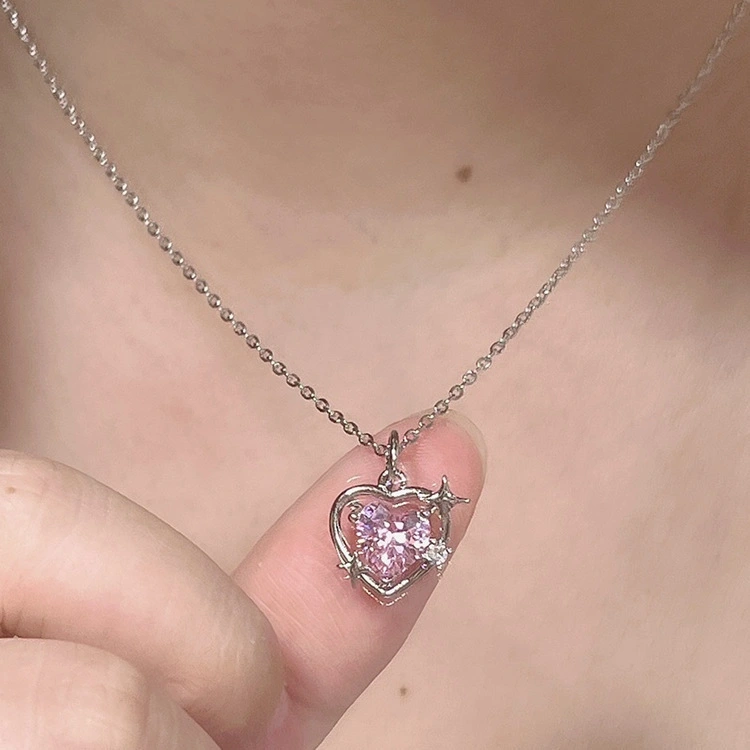 Light Luxury Hundred Love Heart Collarbone Chain Niche Design Peach Galaxy Heart Zircon Pendant