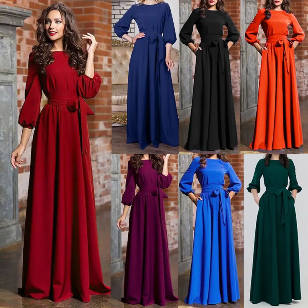 Women's Summer Casual Party Long Dress with Lantern Sleeves and Belt in Solid Color