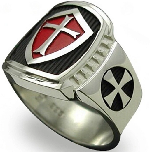 Stainless Steel Red Armor Shield Knight Templar Crusade Ring Jewelry