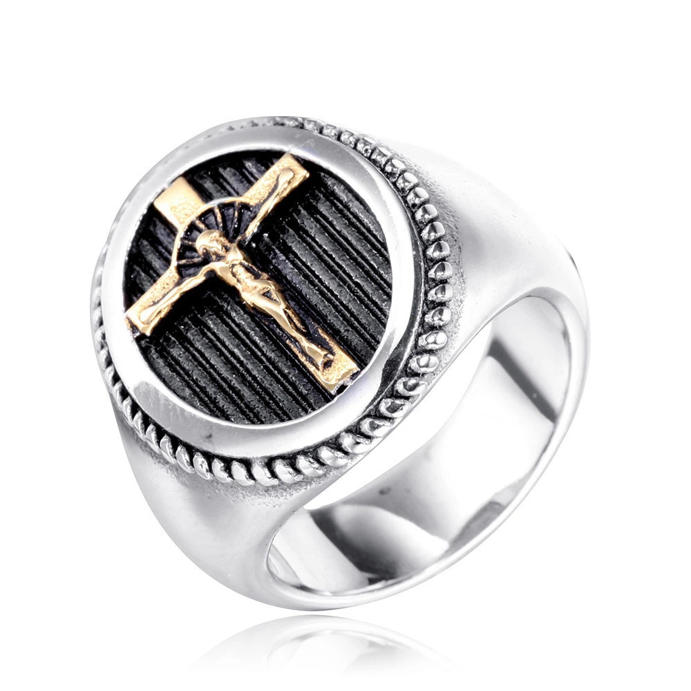 Vintage Men's 316L Stainless Steel Jesus Cross Ring Religious Gold and Silver Jewelry