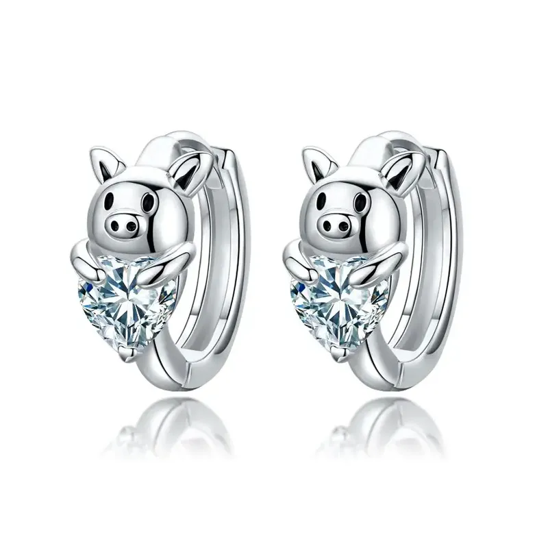 Hypoallergenic Cubic Zirconia Pig Small Cute Heart Huggie Hoop Earrings 