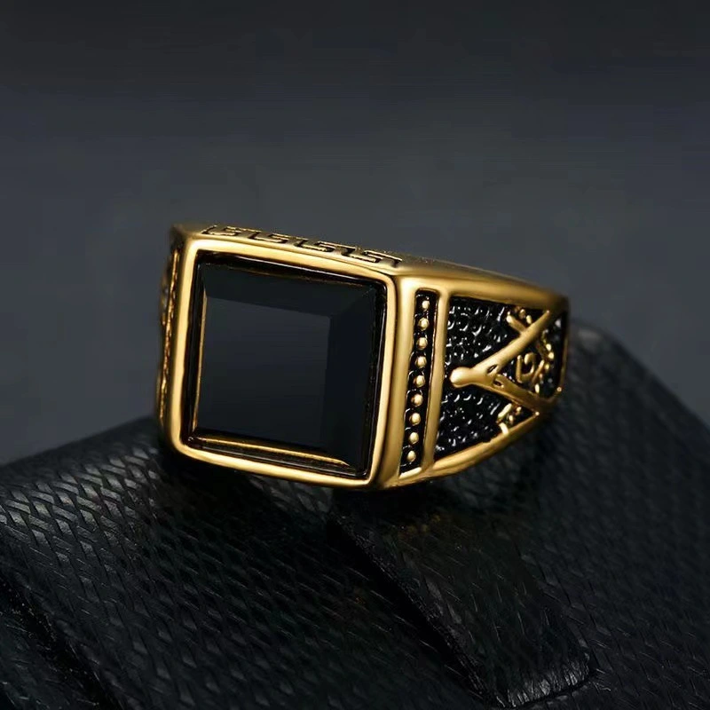 Square Black Stone Men Seal Ring Signet Gold Color Classic Wedding Band Male Ring Jewelry