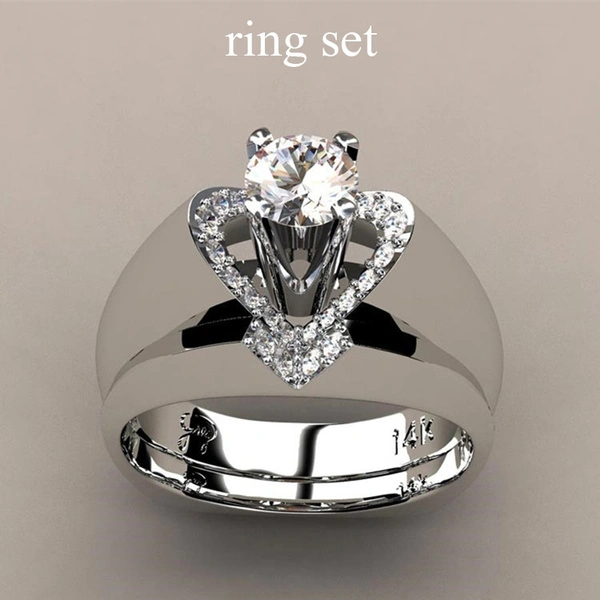 New Fashion Creative Exquisite Women's Heart Shaped Simulation Zircon Ring Set Engagement Ring Set