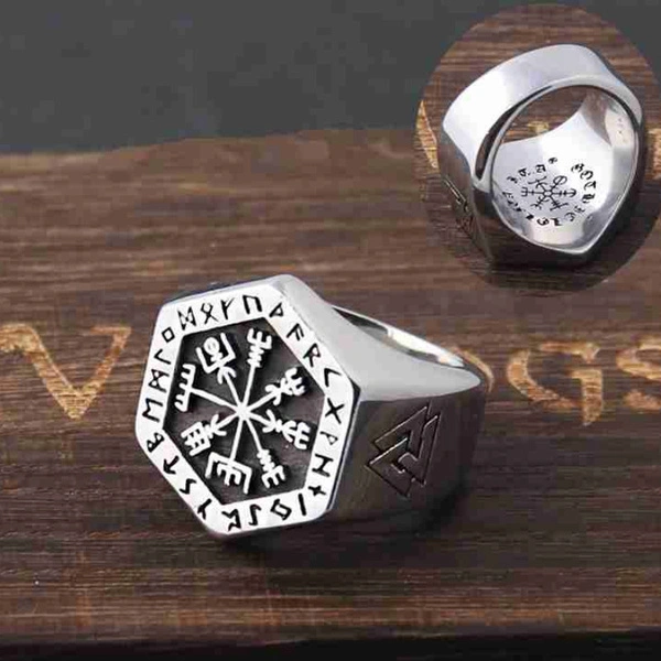 Vintage 316L Stainless Steel Nordic Viking Rune Ring Silver Viking Compass Ring Punk Men's Amulet Jewelry Gift