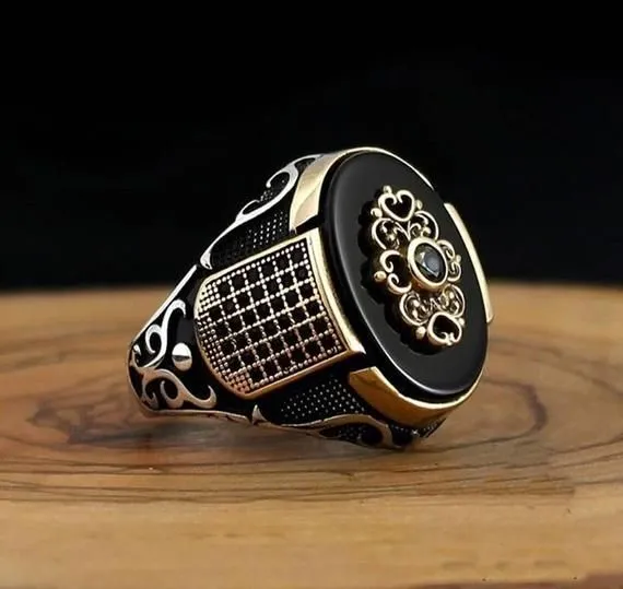 Retro Handmade Turkish Signet Ring Vintage Men Ancient Silver Plated Pattern Ring Inlay Black Zircon Party Punk Motor Biker Ring