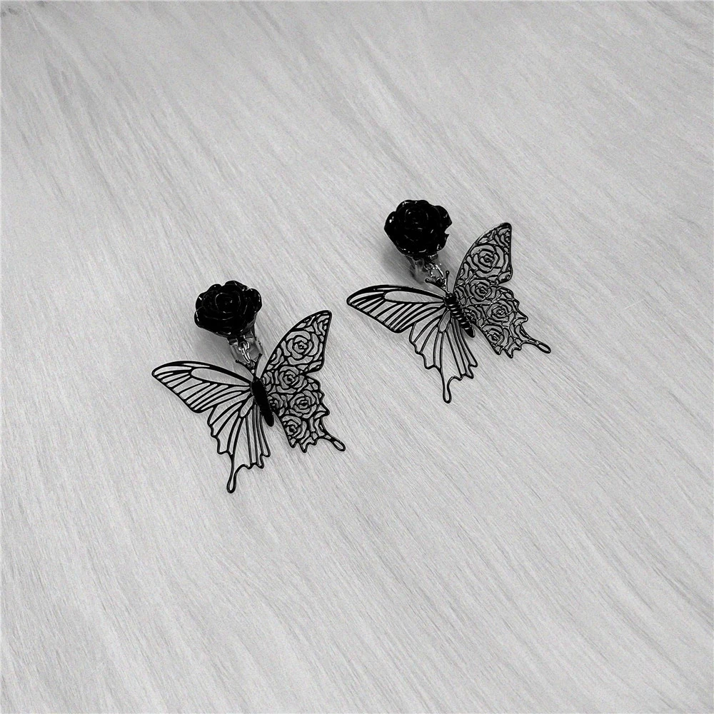 Gothic Black Rose Butterfly Cutout Ear Clips Women's Earrings Gift