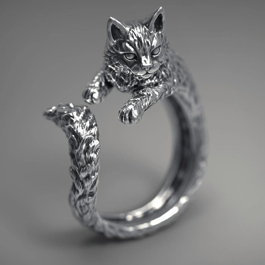 Creative Cute Kitty Cat Ring Vintage Thai Silver Open Adjustable Retro Animal Ring Girl Anniversary Gift Jewelry