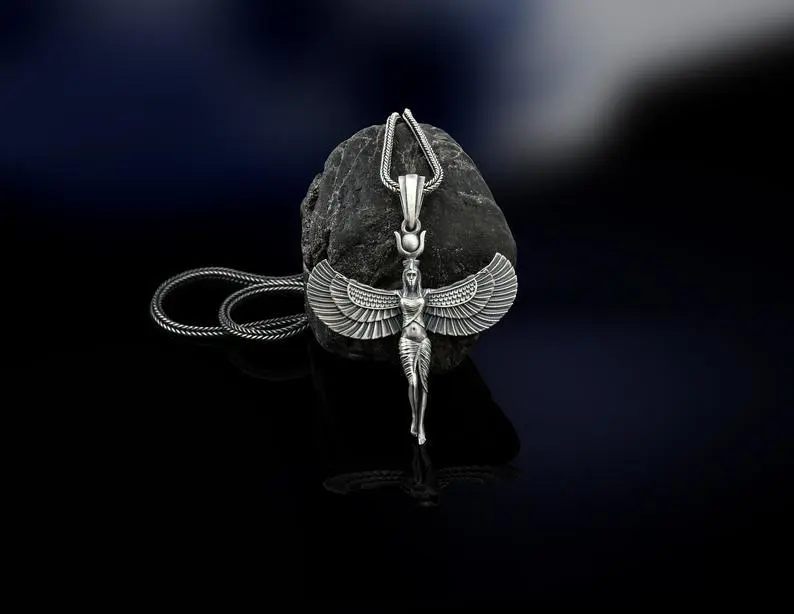 New 316L Stainless Steel Silver Isis Pendant Necklace for Women Egyptian Winged Goddess Pendant Egyptian Jewelry Gifts