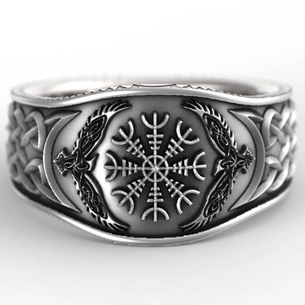 Norse 925 Sterling Silver Ring , Helm of Awe Valknut Ring, Interlocking Triangles Ring, Men's Wedding Band, Odin Rune Rings