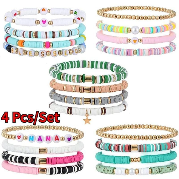 4 Pcs/Set Bohemian Colorful Clay Beaded Stackable Bracelets Handmade Polymer Clay Shell Beads Bracelets for Women Jewelry